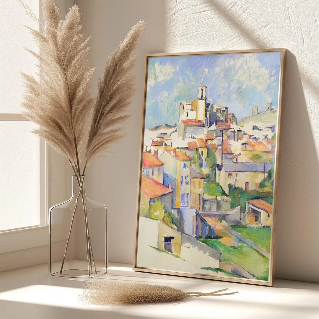 Elegant living room wall art print of Paul Cezanne Gardanne 1885 displaying layered red rooftops and sky in Gardanne France. MapYourDreams features custom framed prints, unframed paper wall decor, and gallery canvas options for refined home wall layouts.