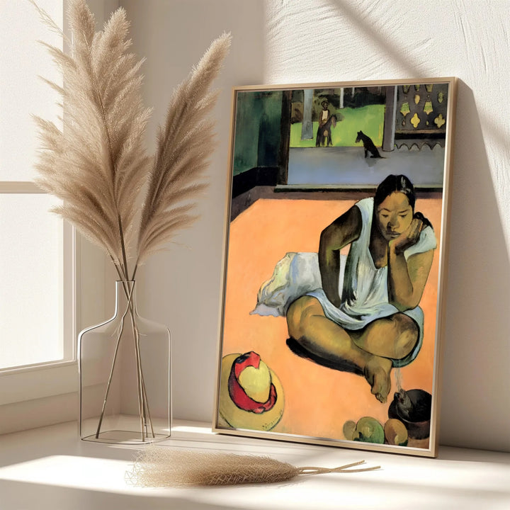 Elegant living room wall art print of Paul Gauguin Brooding Woman Te Faaturuma 1891 displaying deep tropical hues in Tahiti French Polynesia. MapYourDreams features custom framed prints, unframed paper wall decor, and gallery canvas options for refined home wall layouts.