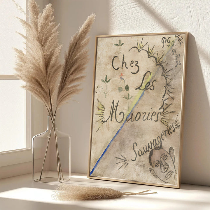 Elegant library wall art print of Paul Gauguin Chez Les Maories 1893 displaying original French script from Tahiti, French Polynesia. MapYourDreams features custom framed prints, unframed paper wall decor, and gallery canvas options for refined home wall layouts.