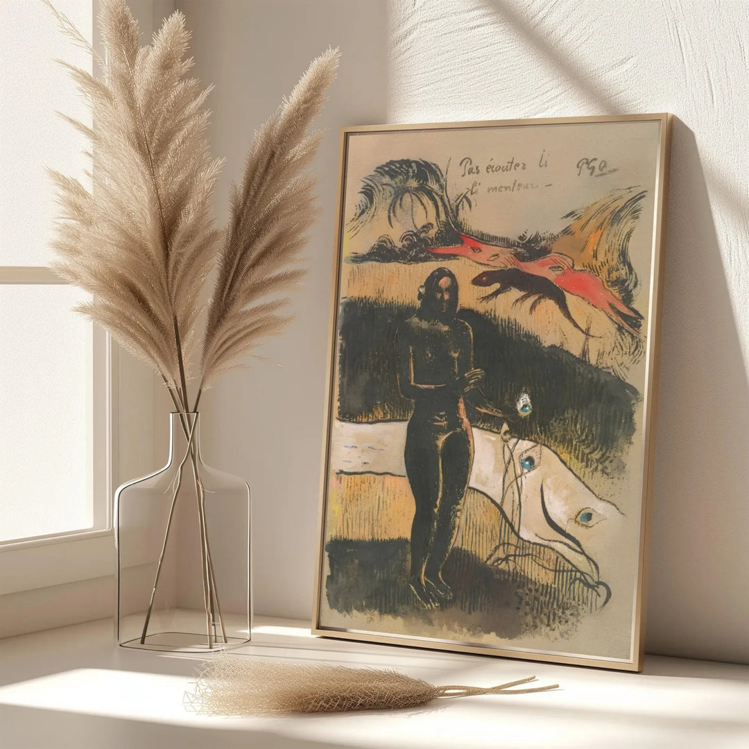 Elegant moody wall art print of Paul Gauguin Delightful Land Nave Nave Fenua 1894 displaying original Noa Noa series art from Tahiti, French Polynesia. MapYourDreams features custom framed prints, unframed paper wall decor, and gallery canvas options for refined home wall layouts.