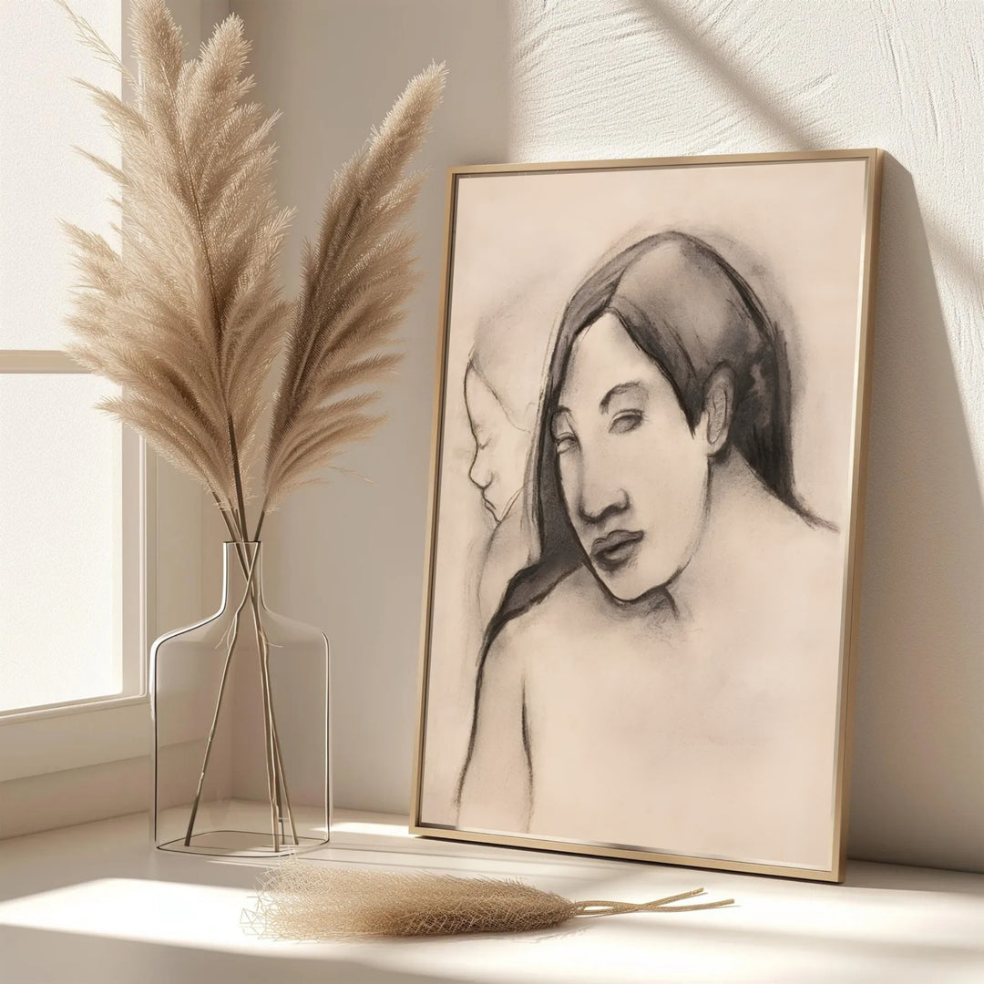Elegant lounge wall art print of Paul Gauguin Heads Of Tahitian Women 1891 displaying original 1891 sketch art from Tahiti, French Polynesia. MapYourDreams features custom framed prints, unframed paper wall decor, and gallery canvas options for refined home wall layouts.