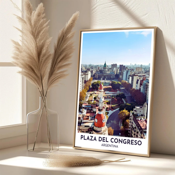 Detailing the winding avenues and grand cupolas of Argentina under a clear afternoon sky, this Plaza del Congreso print serves as sophisticated travel decor, thoughtfully produced by MapYourDreams in unframed paper, wooden frame, and canvas display choices.