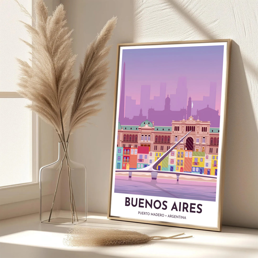 Detailing the elegant curve of Puente de la Mujer under a pastel purple sky, this Puerto Madero art print serves as lovely travel-inspired home decor, thoughtfully produced by MapYourDreams in unframed paper, wooden frame, and canvas display choices.