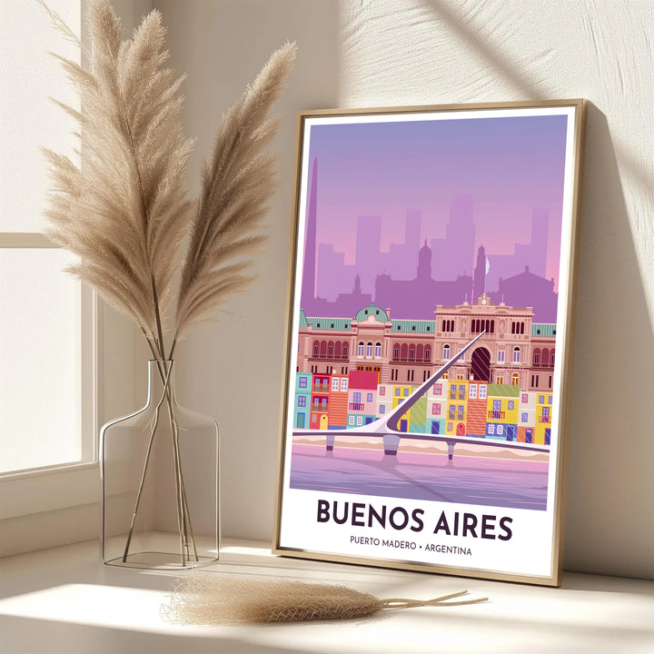 Detailing the elegant curve of Puente de la Mujer under a pastel purple sky, this Puerto Madero art print serves as lovely travel-inspired home decor, thoughtfully produced by MapYourDreams in unframed paper, wooden frame, and canvas display choices.
