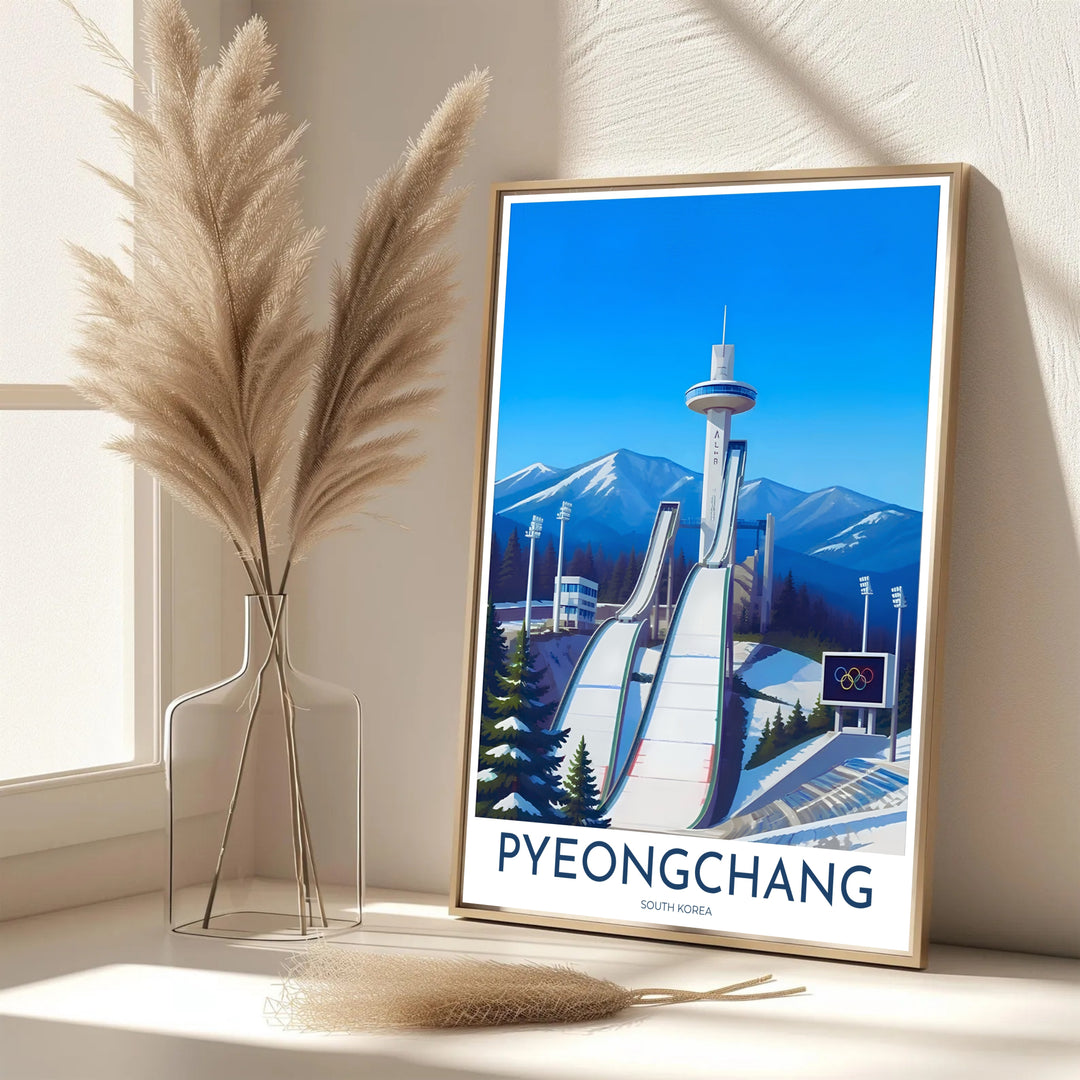 Vibrant South Korean winter decor print showcasing the Alpensia Ski Jump stadium in Pyeongchang with crisp white snow, blue stadium lights, and clear skies. Offered by MapYourDreams, this artwork is available in flexible options including unframed paper, custom wooden frames, and gallery canvas wraps.