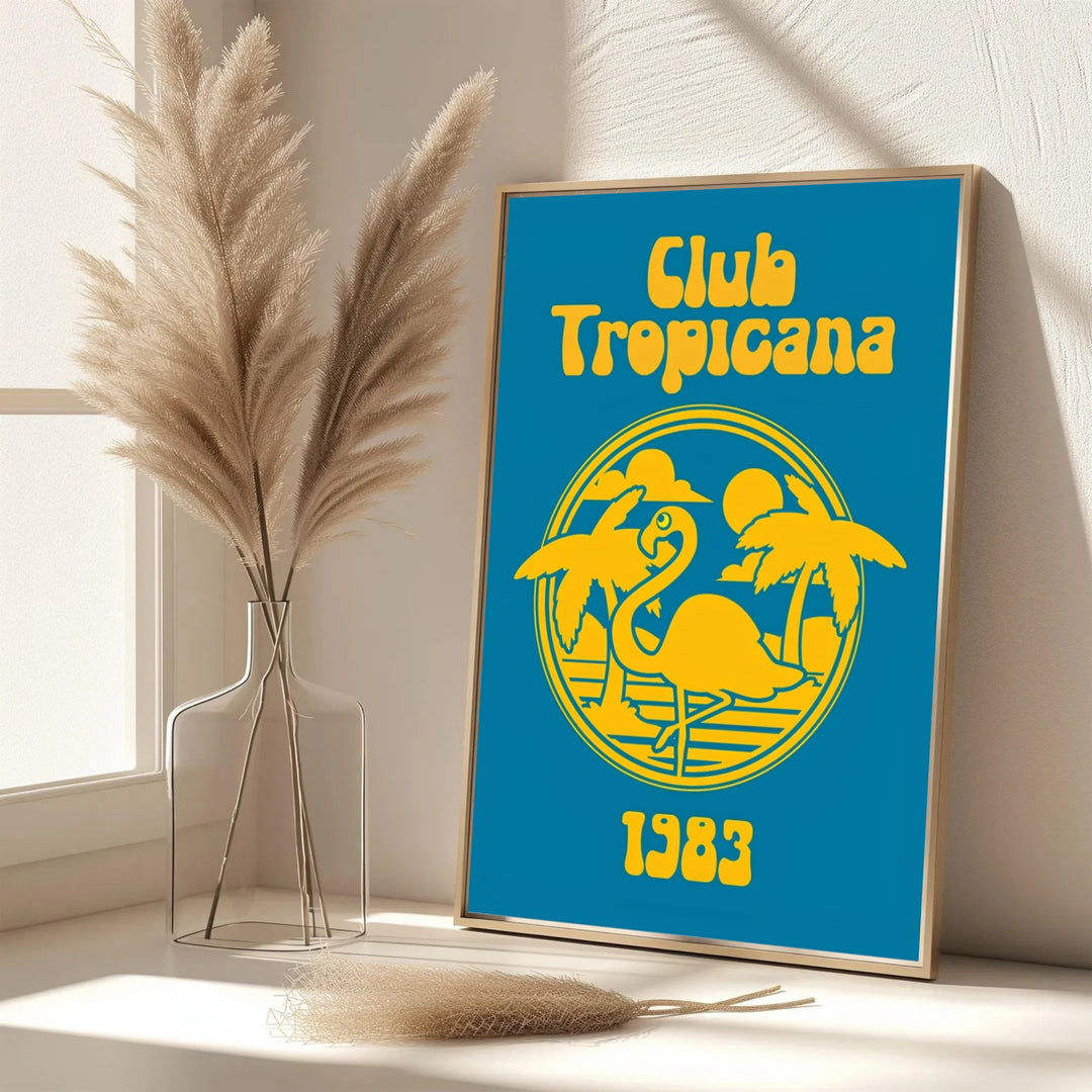 Nostalgic Balearic music art print displaying Club Tropicana 1983 script over a tropical flamingo circular logo, created by MapYourDreams with choices including unframed poster prints, gallery stretched canvas, or custom framed wall art.