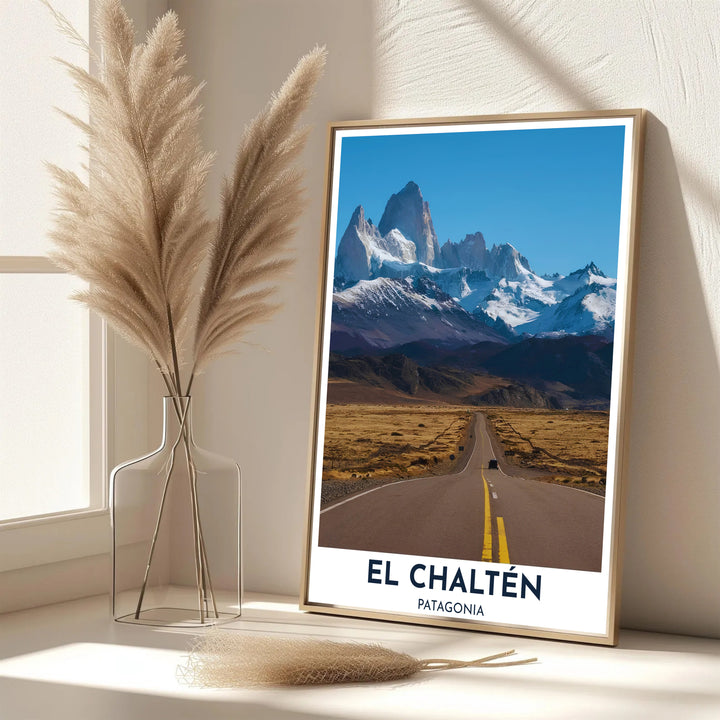 Detailing the long stretch of Ruta 23 beneath Mount Fitz Roy, this El Chaltén print serves as magnificent travel decor, thoughtfully produced by MapYourDreams in unframed paper, wooden frame, and canvas display choices.