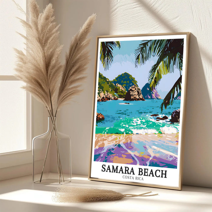 Relaxed beach house vibes and sweeping ocean views of Samara Beach and Isla Chora define this Costa Rica travel poster print. MapYourDreams features framed, unframed, and canvas options for decor.