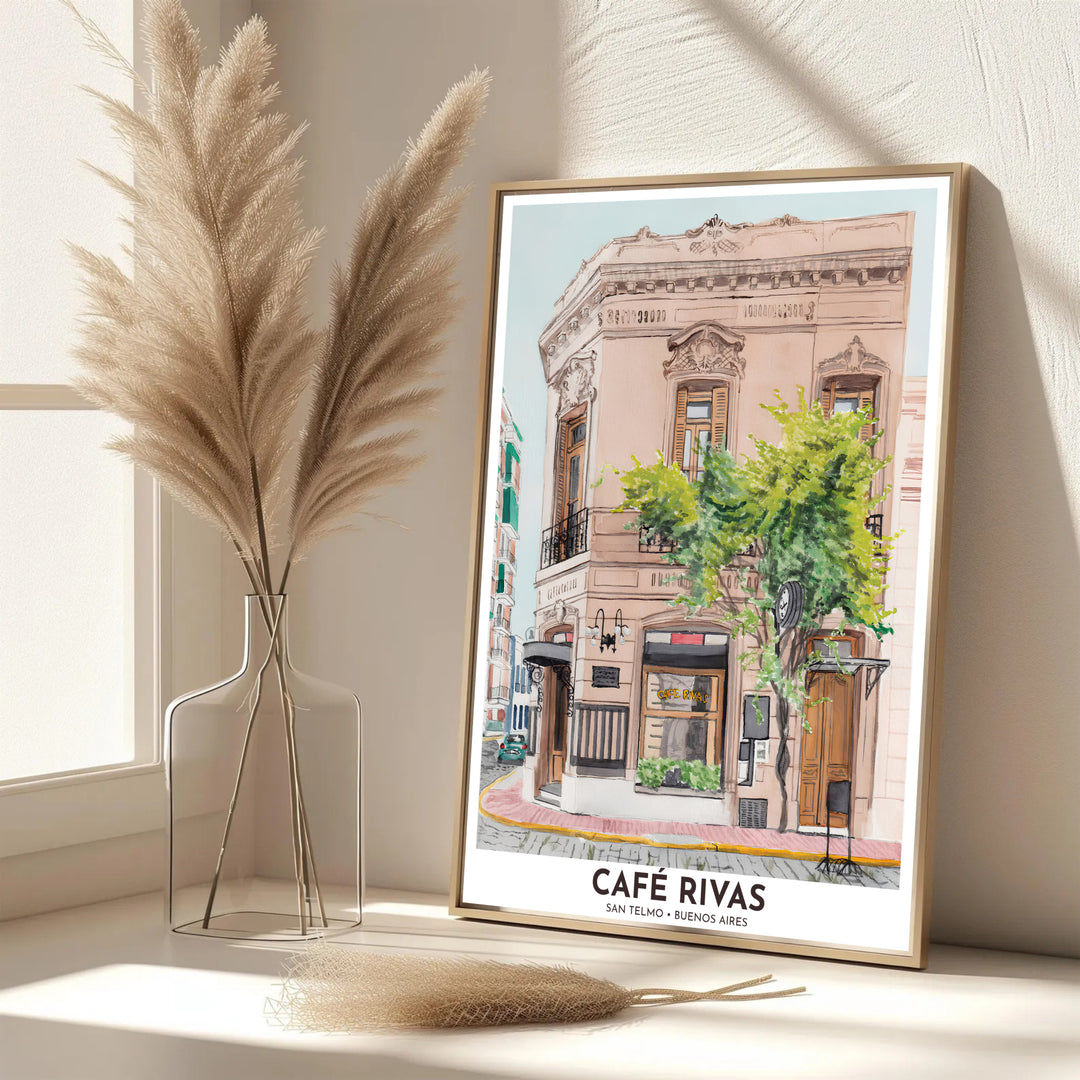 High above the cobblestone street corner in Argentina, a charming San Telmo Cafe Rivas poster captures Beaux-Arts architecture, wrought-iron balconies, and vintage cafe ambiance, proudly presented by MapYourDreams across fine art paper, solid wood frames, and stretched canvas options.