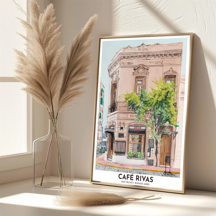 High above the cobblestone street corner in Argentina, a charming San Telmo Cafe Rivas poster captures Beaux-Arts architecture, wrought-iron balconies, and vintage cafe ambiance, proudly presented by MapYourDreams across fine art paper, solid wood frames, and stretched canvas options.