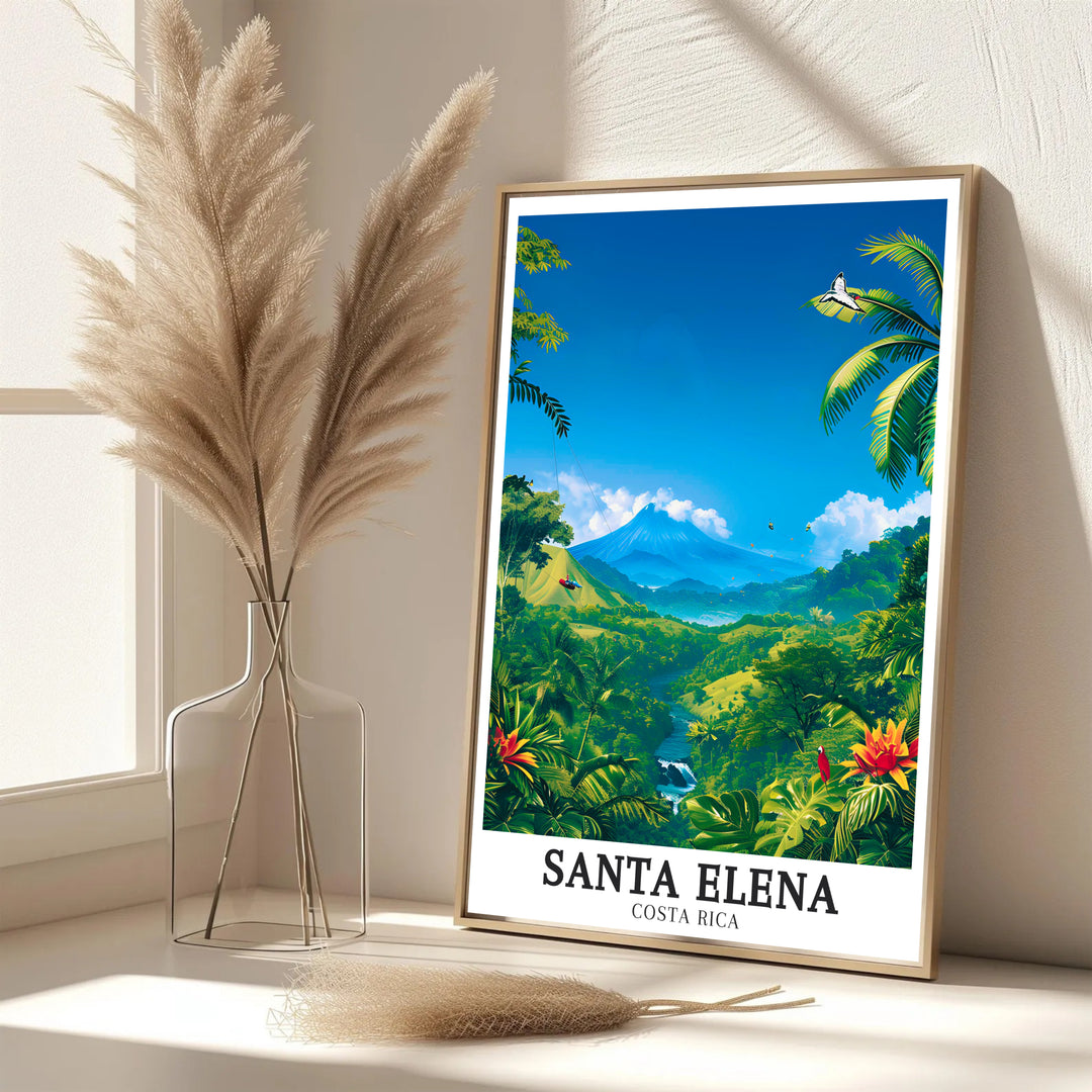 Tropical eco-travel vibes and sweeping mountain views of Santa Elena Cloud forest define this travel poster print. MapYourDreams features framed, unframed, and canvas options for living room decor.