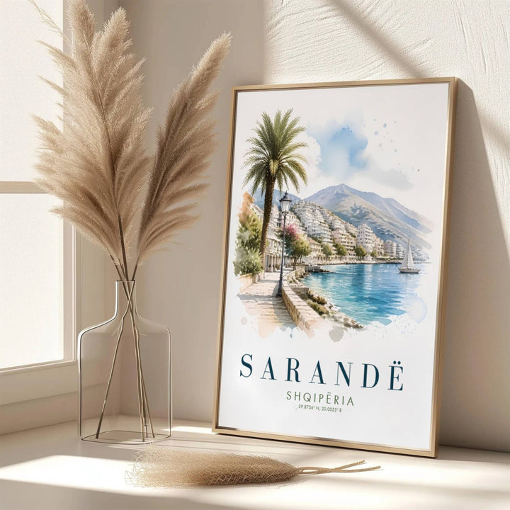 Eye-catching palm promenade artwork celebrating Sarandë Albania, printed on premium archival stock with long-lasting ink retention over time. Available from MapYourDreams as an unframed paper poster, custom-framed print, or gallery-wrapped canvas.