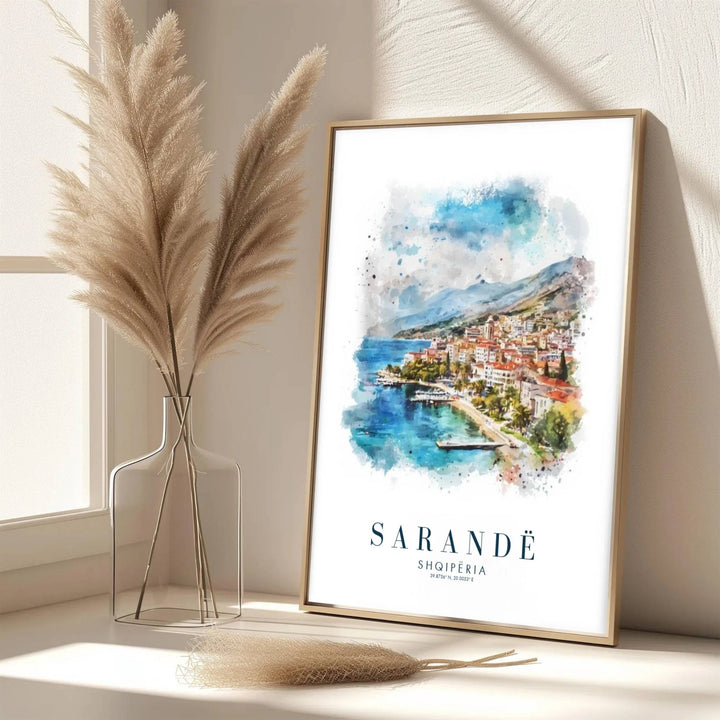 Eye-catching coastal bay artwork celebrating Sarandë Albania, printed on premium archival stock with long-lasting ink retention over time. Available from MapYourDreams as an unframed paper poster, custom-framed print, or gallery-wrapped canvas.