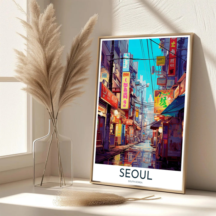 Vibrant cyberpunk aesthetic decor print showcasing a narrow commercial lane in Seoul, South Korea, with warm lantern light, wet asphalt reflections, and dramatic vertical wiring. Offered by MapYourDreams, this artwork is available in flexible options including unframed paper, custom wooden frames, and gallery canvas wraps.