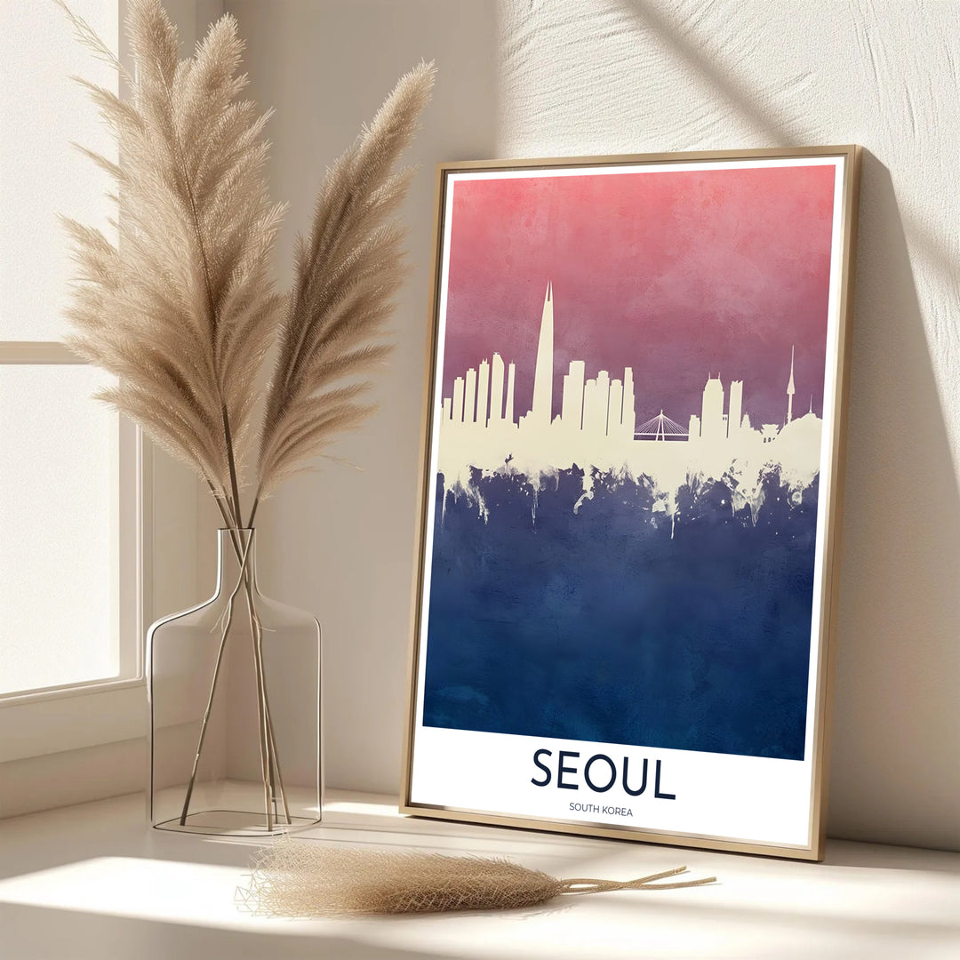 Dual-tone travel art print presenting an architectural silhouette of Seoul, South Korea, with high-rise buildings and suspension bridge details over a deep blue textured base. Offered by MapYourDreams, this artwork is available in flexible options including unframed paper, custom wooden frames, and gallery canvas wraps.