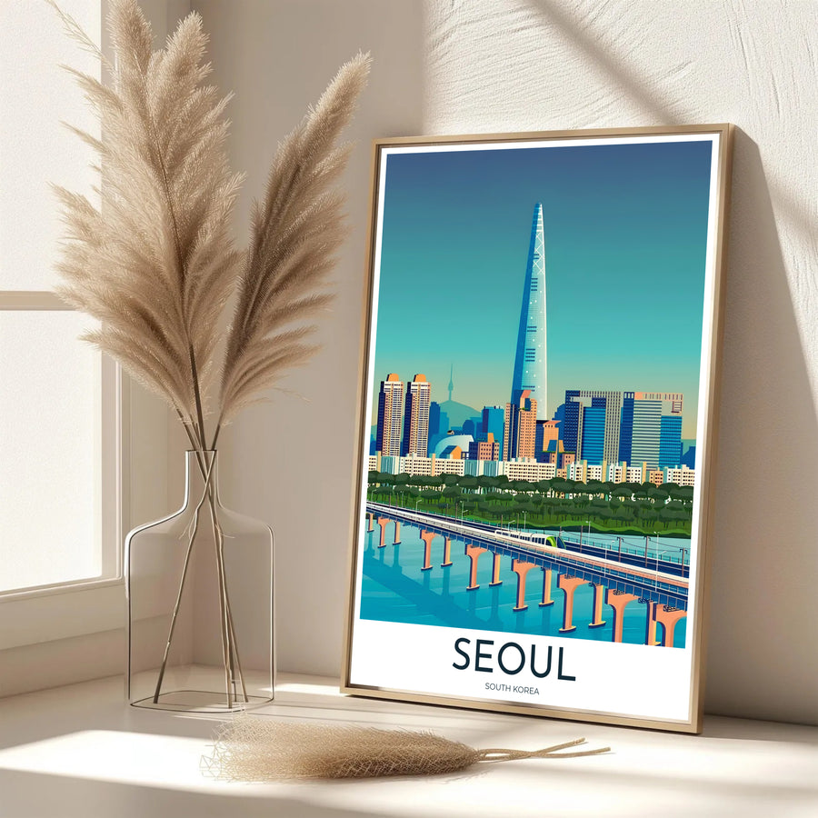 Vibrant South Korea travel print with a turquoise-to-teal sky gradient behind Seoul&