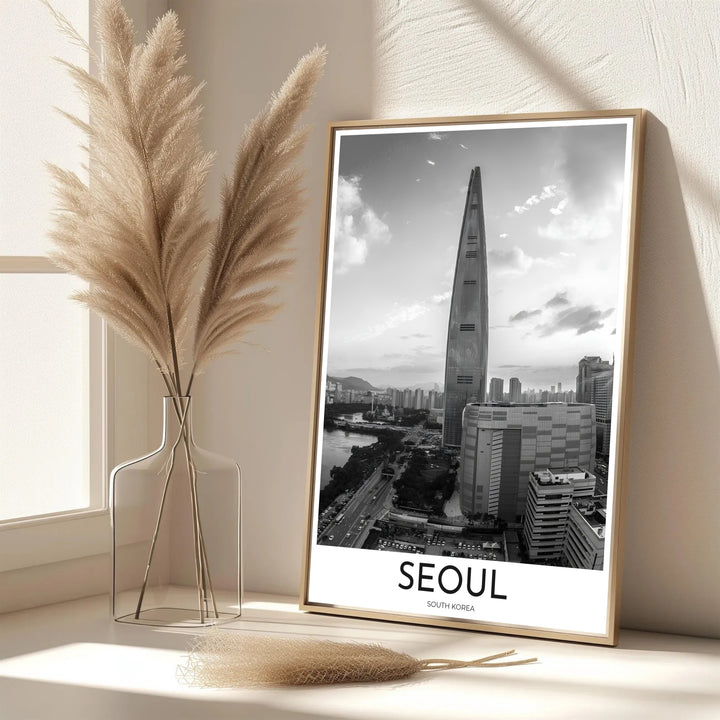 Dramatic black and white travel wall decor showcasing the modern skyline and cloudscapes of Seoul South Korea, brought to you by MapYourDreams in options like unframed archival paper, solid frames, and canvas wraps engineered to maintain crisp detail and tonal depth for many years.