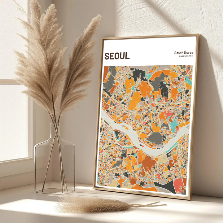 Sophisticated terracotta travel poster showcasing the street layout and geographic coordinates of Seoul, South Korea, brought to you by MapYourDreams in options like unframed archival paper, solid frames, and canvas wraps crafted with archival fade-resistant inks.