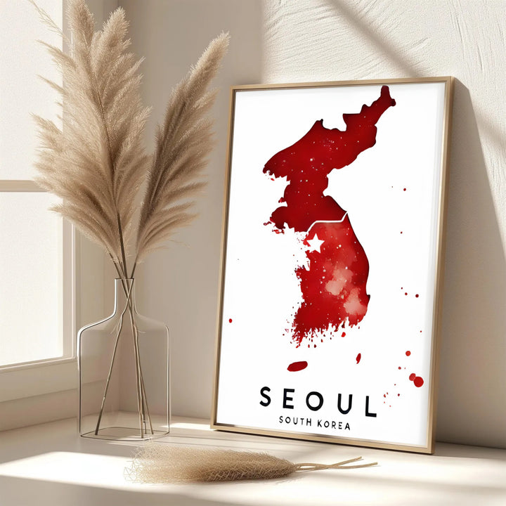 Sophisticated red watercolor travel poster showcasing the geographic outline and capital of Seoul, South Korea, brought to you by MapYourDreams in options like unframed archival paper, solid frames, and canvas wraps crafted with archival fade-resistant inks.