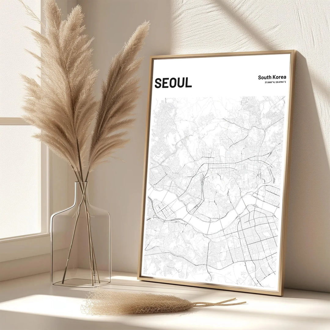 Refined black line art seoul city map poster showcasing the geographic heart of south korea, brought to you by MapYourDreams in options like unframed archival paper, solid frames, and canvas wraps crafted using archival fade-resistant inks for optimal display quality.