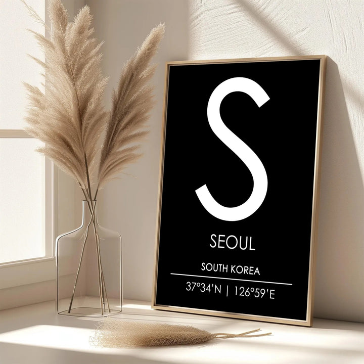 Refined white on black letter S seoul poster showcasing the graphic initial of south korea capital, brought to you by MapYourDreams in options like unframed archival paper, solid frames, and canvas wraps crafted using archival fade-resistant inks for optimal display quality.