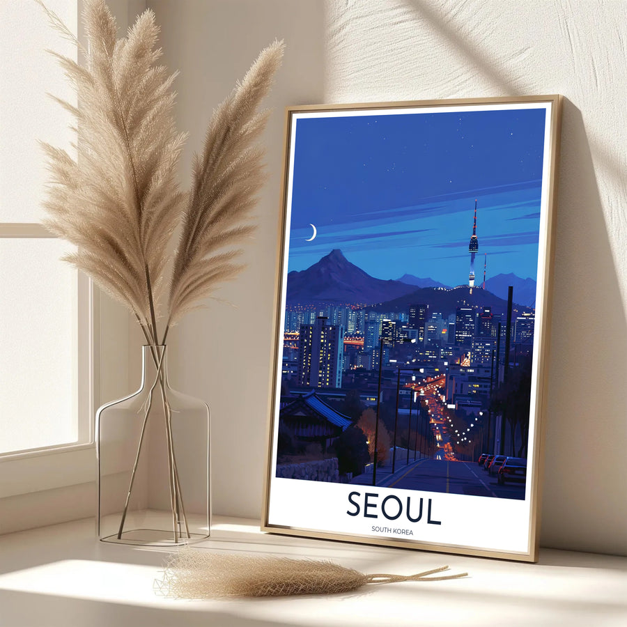 Sophisticated twilight travel poster showcasing the nocturnal city lights and mountain silhouette of Seoul South Korea, brought to you by MapYourDreams in options like unframed archival paper, solid frames, and canvas wraps crafted with archival fade-resistant inks.