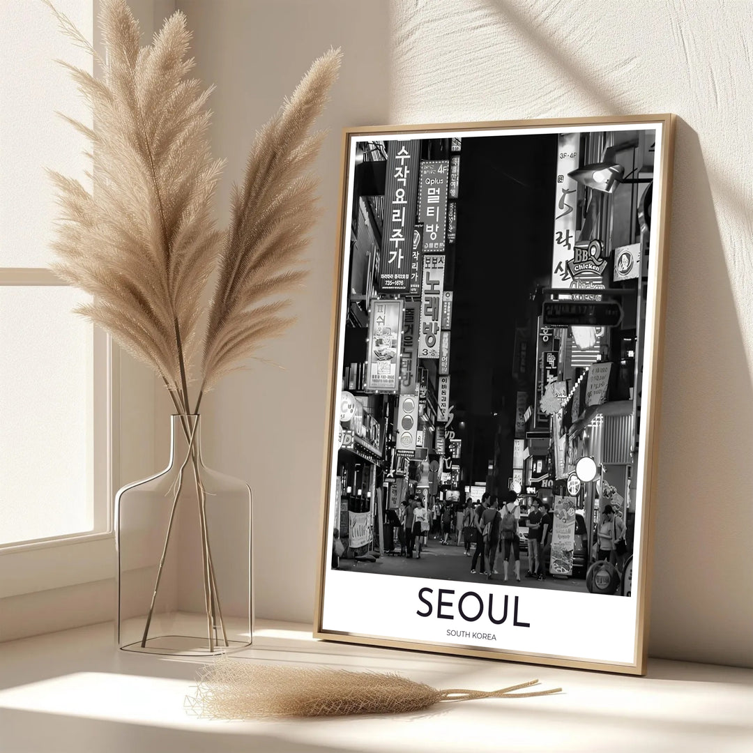 Sophisticated street photography travel poster showcasing night city culture and Hangul signage in Seoul South Korea, brought to you by MapYourDreams in options like unframed archival paper, solid frames, and canvas wraps crafted with archival fade-resistant inks.