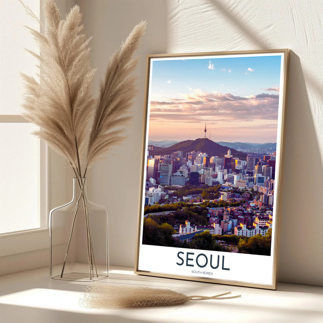 Vibrant sunset travel poster featuring pastel twilight skies and glowing city skyscrapers in Seoul South Korea, presented by MapYourDreams with versatile choices such as unframed archival paper, sleek picture frames, and stretched canvas options designed to complement modern interiors.