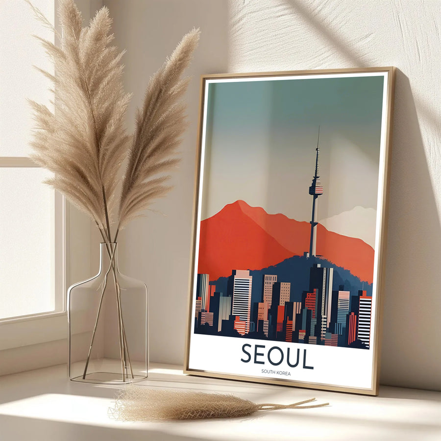 Sophisticated graphic travel poster showcasing the warm mountain tones and modern architecture of Seoul South Korea, brought to you by MapYourDreams in options like unframed archival paper, solid frames, and canvas wraps crafted with archival fade-resistant inks.