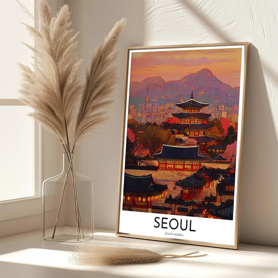 Sophisticated oriental travel poster showcasing glowing lantern reflections across historic palace grounds in Seoul South Korea, brought to you by MapYourDreams in options like unframed archival paper, solid frames, and canvas wraps crafted with archival fade-resistant inks.