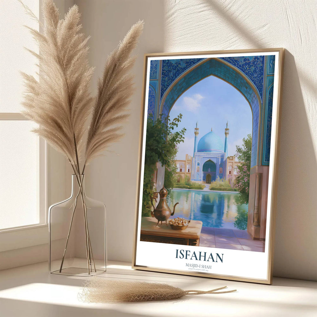 Scenic Iran architecture poster of Shah Mosque rendered in vibrant turquoise tones and warm courtyard light contrast. Developed by MapYourDreams, this artwork is available in flexible options including unframed paper, custom wooden frames, and gallery canvas wraps for hallway wall decor.