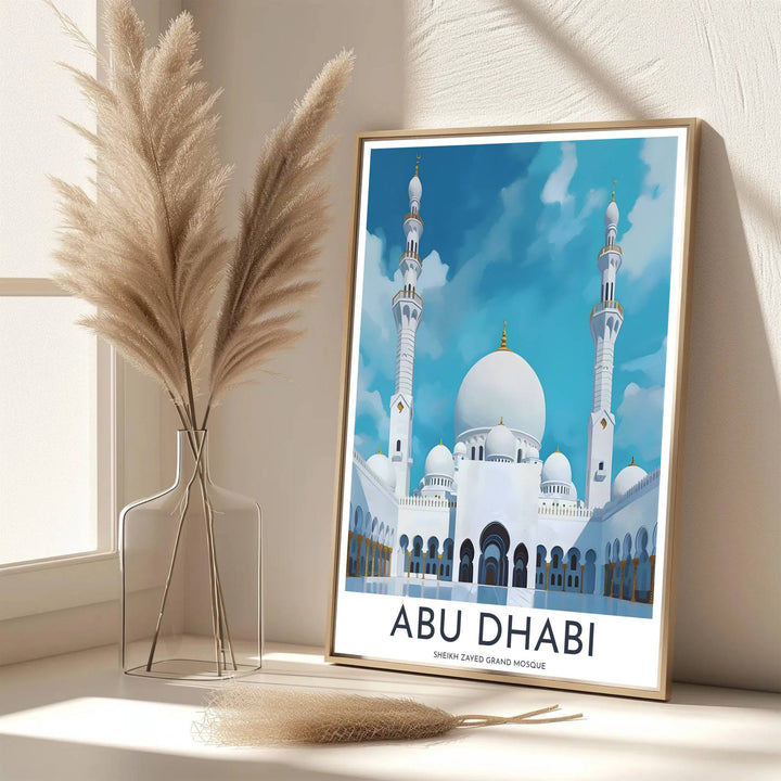 Scenic UAE architecture poster of Sheikh Zayed Grand Mosque rendered in vibrant white and blue tones with soft cloud sky contrast. Developed by MapYourDreams, this artwork is available in flexible options including unframed paper, custom wooden frames, and gallery canvas wraps for hallway wall decor.