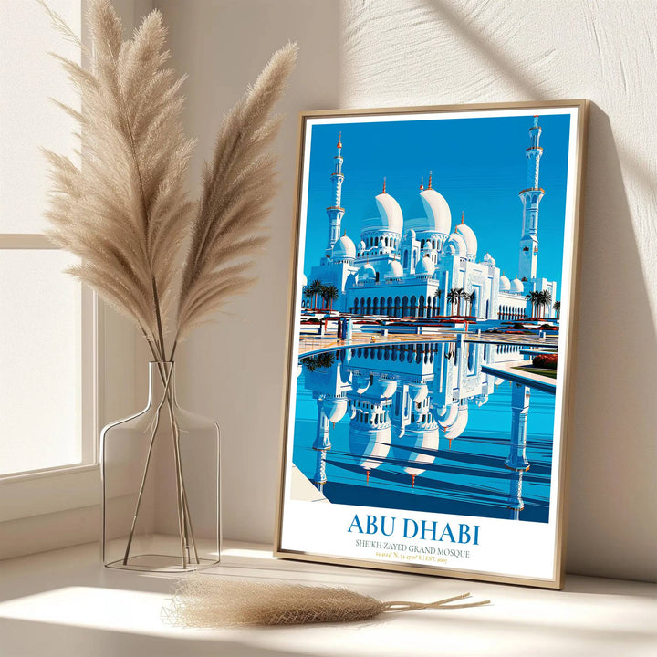 Scenic UAE architecture poster of Sheikh Zayed Grand Mosque rendered in deep blue pool tones and bright white marble contrast. Developed by MapYourDreams, this artwork is available in flexible options including unframed paper, custom wooden frames, and gallery canvas wraps for hallway wall decor.