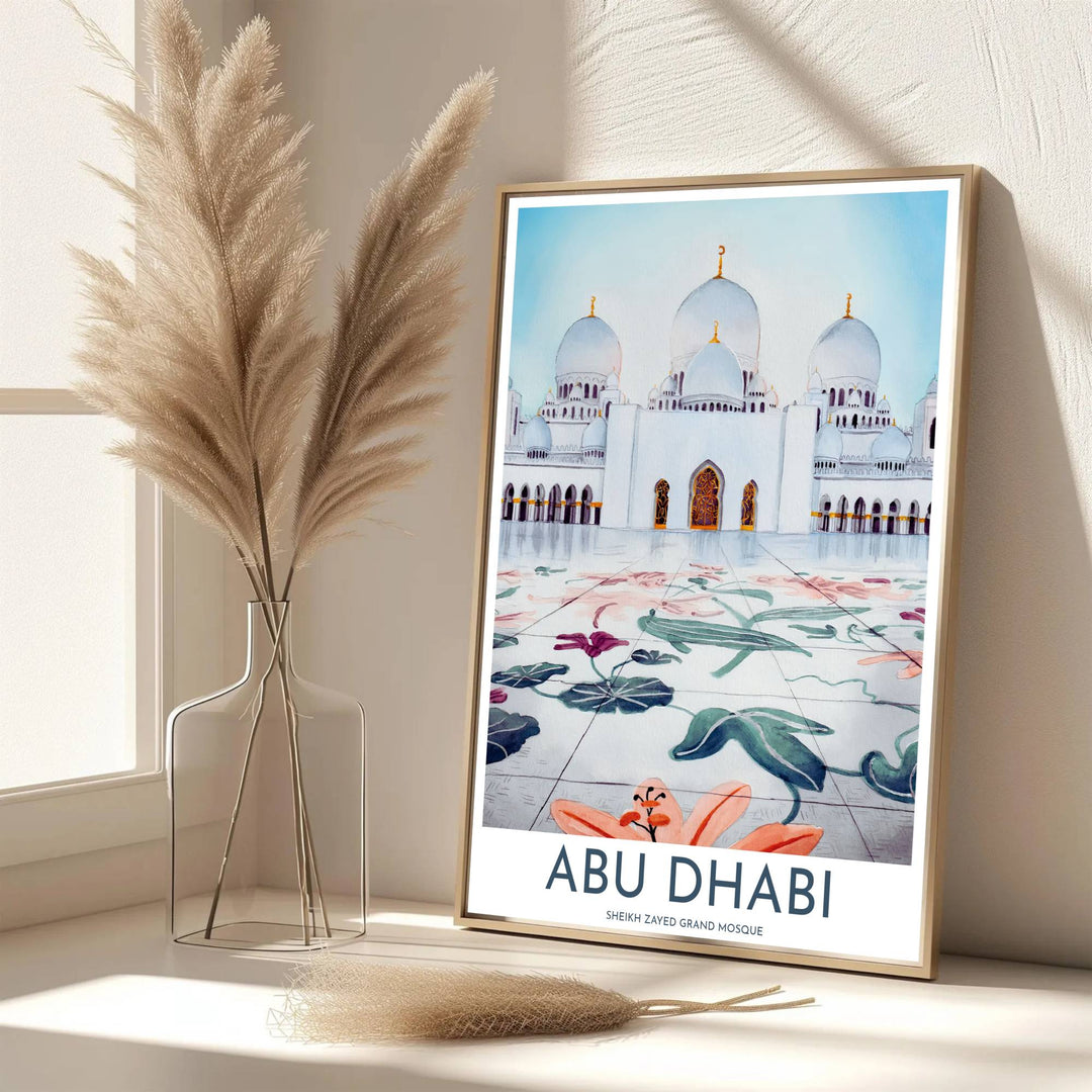 Scenic UAE architecture poster of Sheikh Zayed Grand Mosque rendered in soft alabaster and coral floral tones with subtle sky wash contrast. Developed by MapYourDreams, this artwork is available in flexible options including unframed paper, custom wooden frames, and gallery canvas wraps for hallway wall decor.
