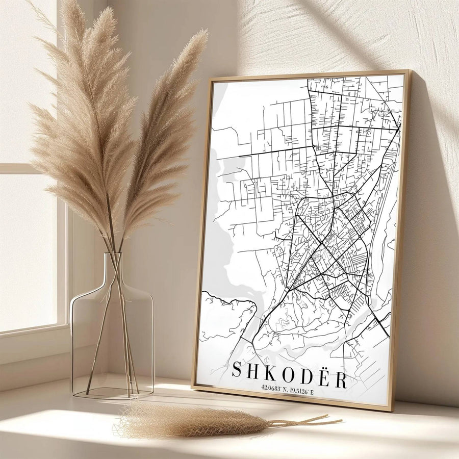 Elegant cartographic typography frames this detailed road map of Shkodër, offering a clean monochrome aesthetic for home offices. Available from MapYourDreams as an unframed paper poster, custom-framed print, or gallery-wrapped canvas.
