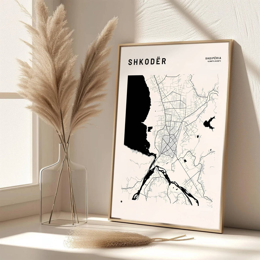 Elegant cartographic typography frames this detailed hydrology map of Shkodër, offering a clean neutral aesthetic for home offices. Available from MapYourDreams as an unframed paper poster, custom-framed print, or gallery-wrapped canvas.