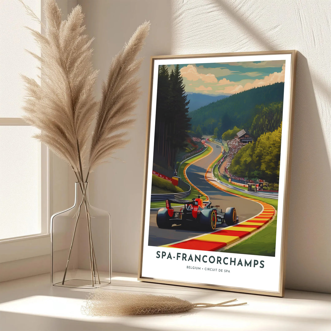 Classic Belgian racing art showcasing the grandstands and forest curves of the iconic Spa-Francorchamps circuit. Offered by MapYourDreams, this artwork is available in flexible options including unframed paper, custom wooden frames, and gallery canvas wraps.