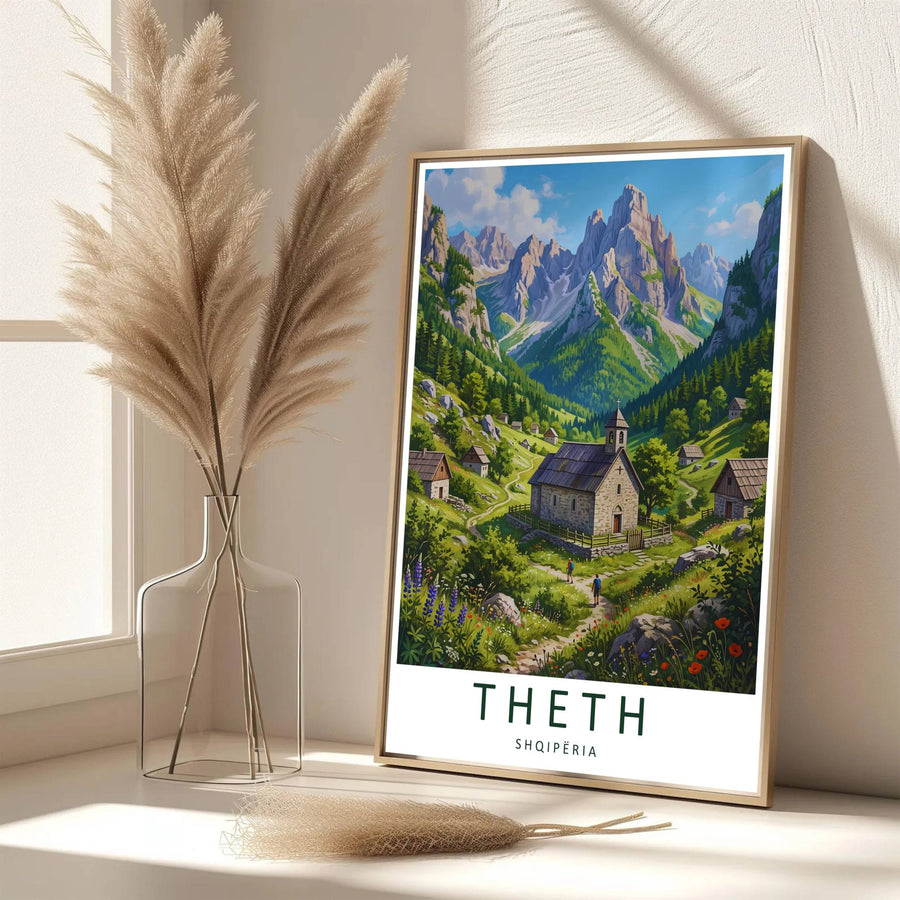 Eye-catching mountain valley artwork celebrating Theth Albania, printed on premium archival stock with long-lasting ink retention over time. Available from MapYourDreams as an unframed paper poster, custom-framed print, or gallery-wrapped canvas.