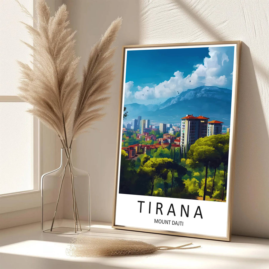 Eye-catching natural landscape artwork celebrating Tirana Albania, printed on premium archival stock with long-lasting ink retention over time. Available from MapYourDreams as an unframed paper poster, custom-framed print, or gallery-wrapped canvas.