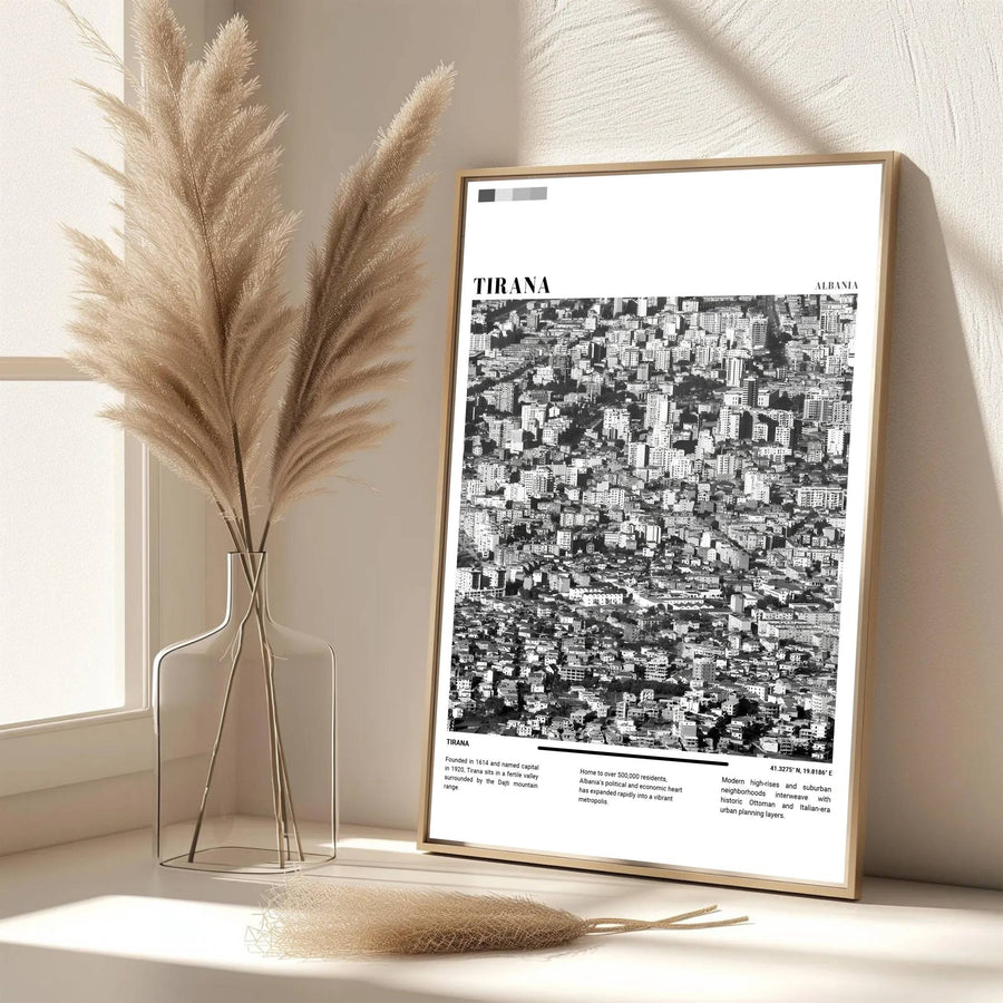 Eye-catching cityscape photography celebrating Tirana Albania in timeless Black &amp; White, printed on premium archival stock with long-lasting ink retention over time. Available from MapYourDreams as an unframed paper poster, custom-framed print, or gallery-wrapped canvas.