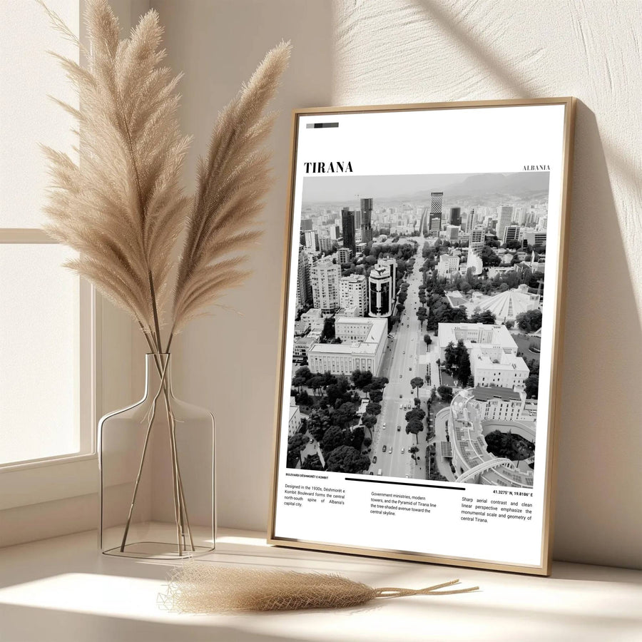 Eye-catching boulevard photography celebrating Tirana Albania in timeless Black &amp; White, printed on premium archival stock with long-lasting ink retention over time. Available from MapYourDreams as an unframed paper poster, custom-framed print, or gallery-wrapped canvas.