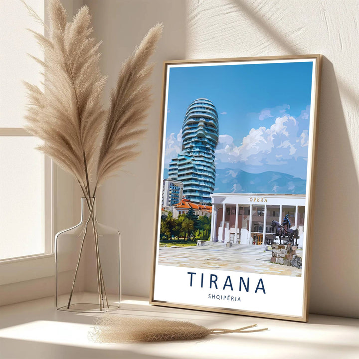 Eye-catching urban architecture artwork celebrating Tirana Albania, printed on premium archival stock with long-lasting ink retention over time. Available from MapYourDreams as an unframed paper poster, custom-framed print, or gallery-wrapped canvas.