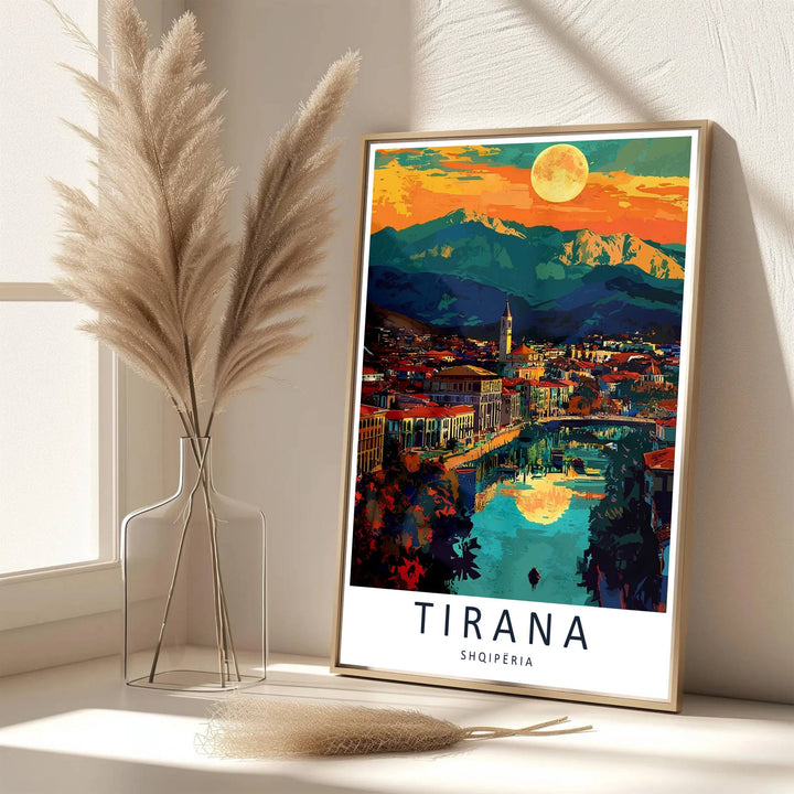 Eye-catching architectural sunset artwork celebrating Tirana Albania, printed on premium archival stock with long-lasting ink retention over time. Available from MapYourDreams as an unframed paper poster, custom-framed print, or gallery-wrapped canvas.
