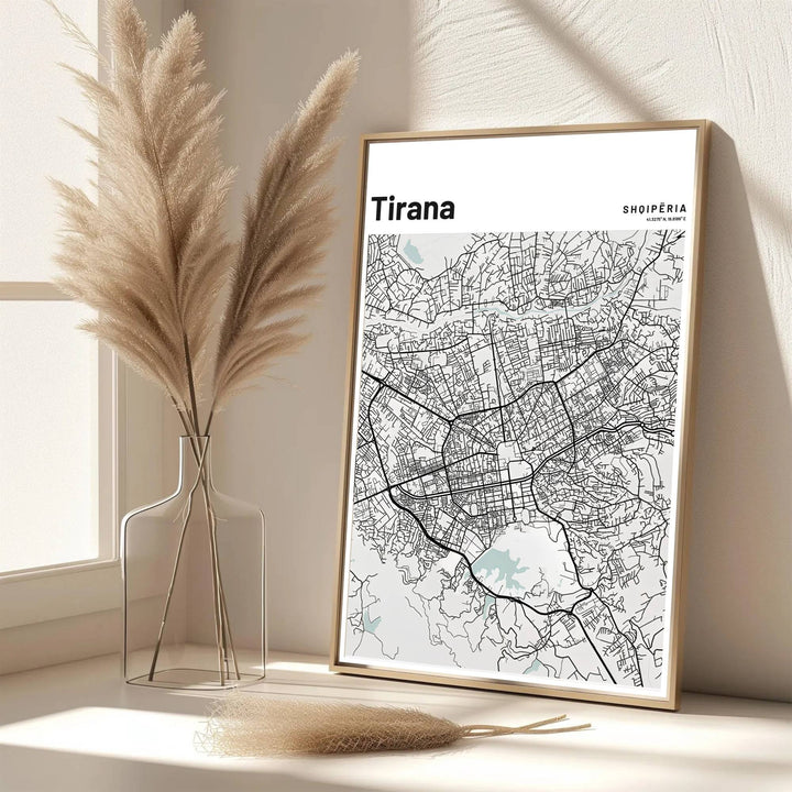 Elegant vertical typography frames this detailed road map of Tirana, offering a clean neutral aesthetic for home offices and executive spaces. Available from MapYourDreams as an unframed paper poster, custom-framed print, or gallery-wrapped canvas.