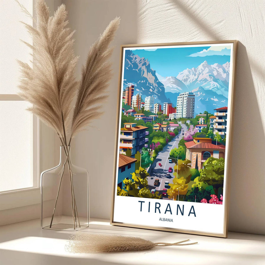 Eye-catching natural landscape artwork celebrating Tirana Albania, printed on premium archival stock with long-lasting ink retention over time. Available from MapYourDreams as an unframed paper poster, custom-framed print, or gallery-wrapped canvas.