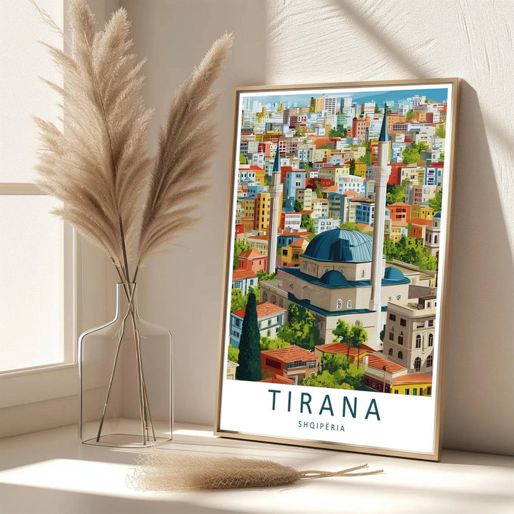 Eye-catching architectural landmark artwork celebrating Tirana Namazgah Mosque Albania, printed on premium archival stock with long-lasting ink retention over time. Available from MapYourDreams as an unframed paper poster, custom-framed print, or gallery-wrapped canvas.