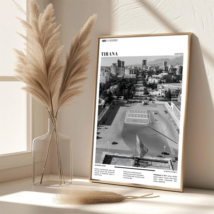 Eye-catching plaza photography celebrating Tirana Albania in timeless Black &amp; White, printed on premium archival stock with long-lasting ink retention over time. Available from MapYourDreams as an unframed paper poster, custom-framed print, or gallery-wrapped canvas.