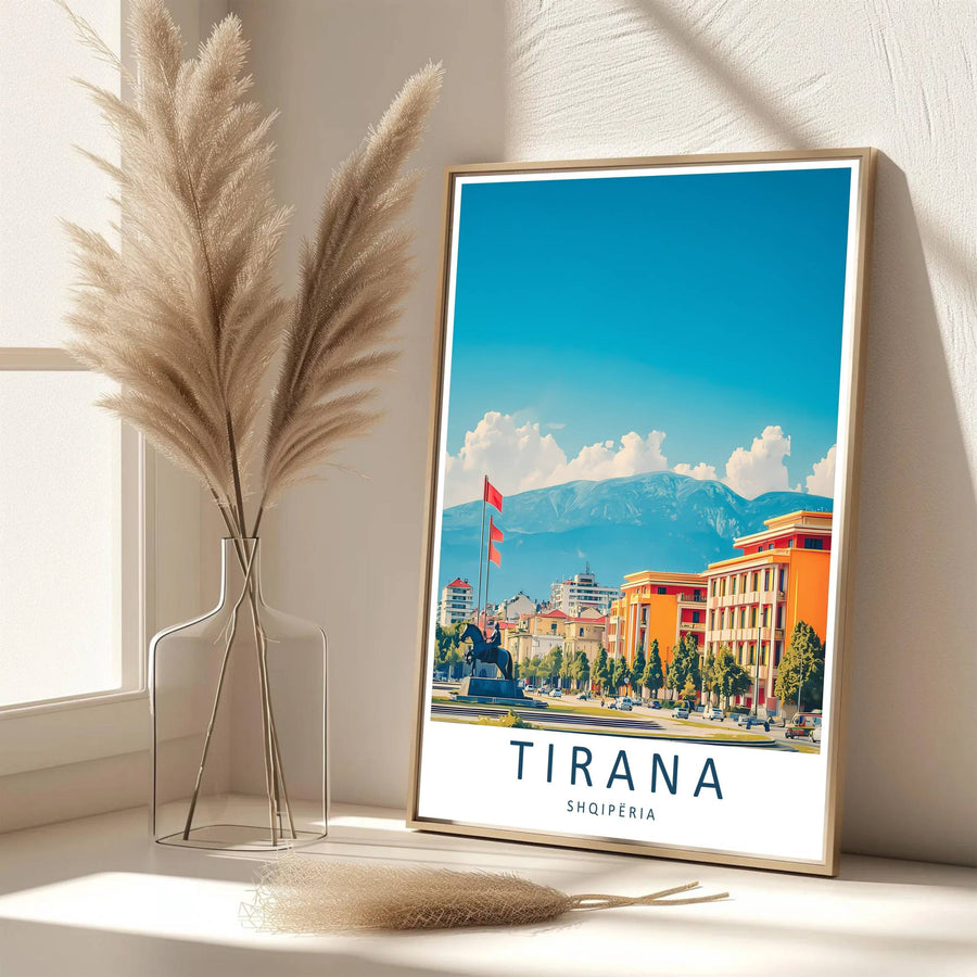 Eye-catching landscape artwork celebrating Tirana Skanderbeg Square and Dajti Mountain Albania, printed on premium archival stock with long-lasting ink retention over time. Available from MapYourDreams as an unframed paper poster, custom-framed print, or gallery-wrapped canvas.