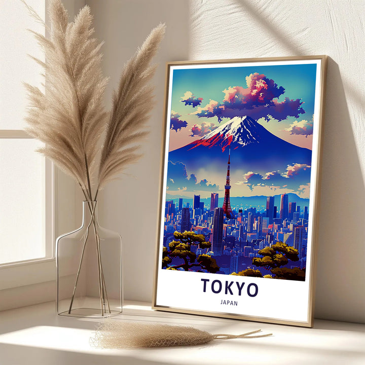 Retro anime style travel print of Mount Fuji and Tokyo Tower with magenta clouds and vibrant blue city shadows. Offered by MapYourDreams, this artwork is available in flexible options including unframed paper, custom wooden frames, and gallery canvas wraps.