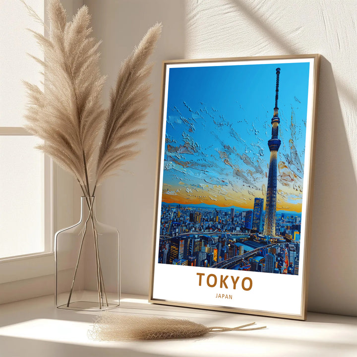 Cozy urban interior decor artwork displaying iconic Tokyo Skytree tower in Tokyo Japan. Offered by MapYourDreams, this artwork is available in flexible options including unframed paper, custom wooden frames, and gallery canvas wraps.